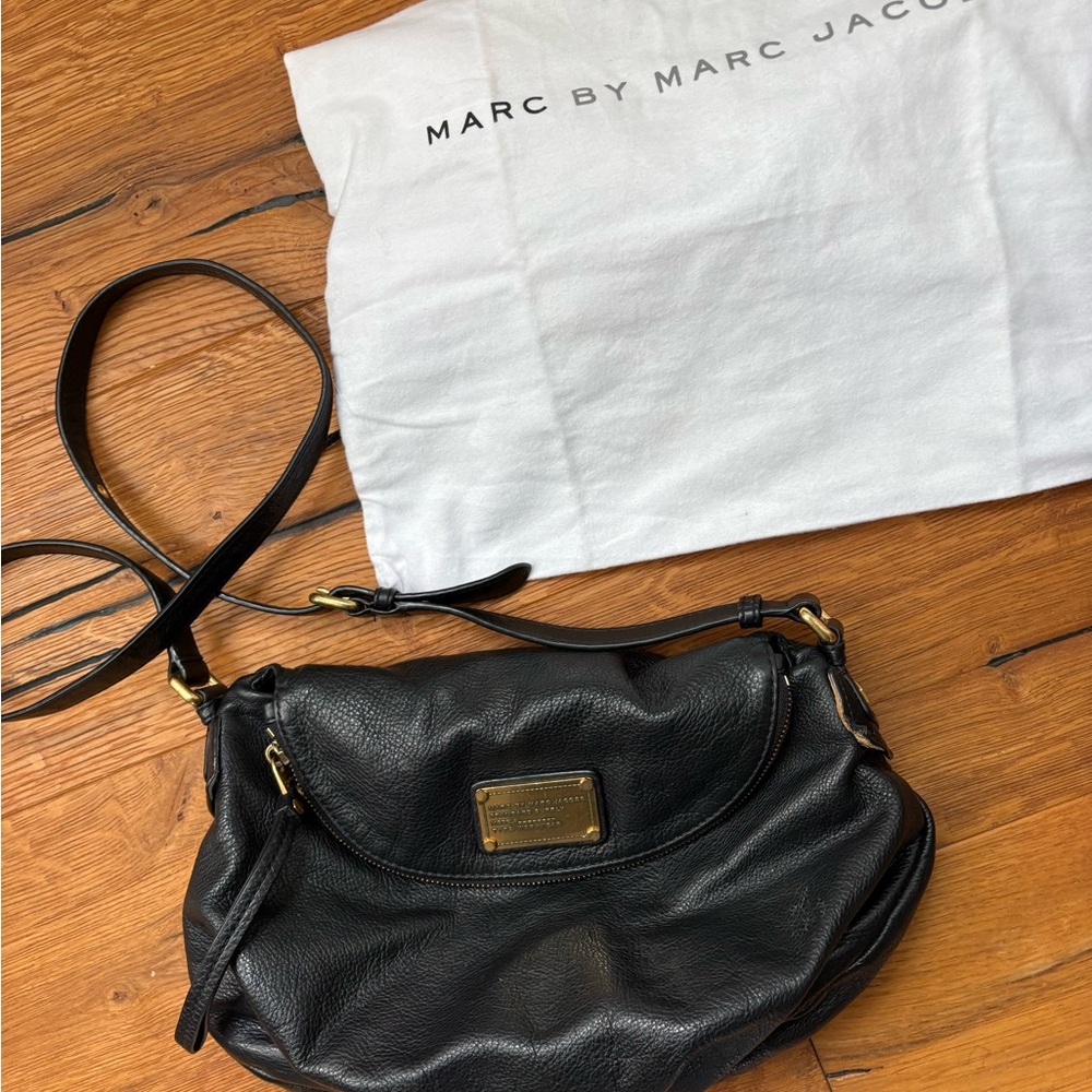 Marc by Marc Jacobs Black Pebbled Leather Crossbody with Gold Plaque